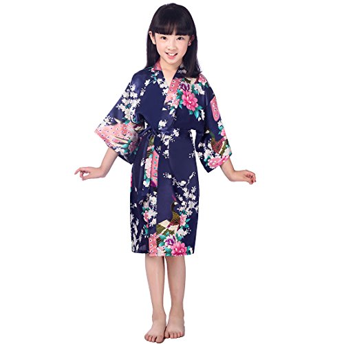 Wonderfit Girls Stain Kimono Peacock Flower Robe For Spa Wedding Birthday Navy Blue 7-8 #TOP4