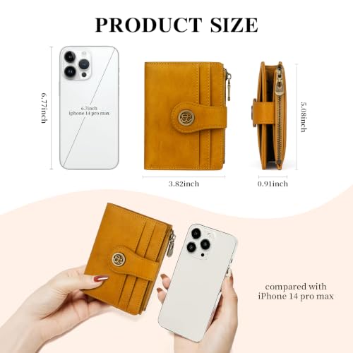 Image of Leather Wallet Women,Slim Compact Card Holder Wallet(yellow) | Small Wallet with RFID Blocking,Zipper Coin Pocket,Top Grain Cowhide Bifold Women's Wallet