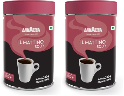 Image of Lavazza Il Mattino Bold |Pure Ground Coffee|Blend Of Arabica & Robusta| Medium Roast|Notes Of Wood,Cocoa & Spices|Intensity 5|200 G Tin,Bottle (Pack of 2)