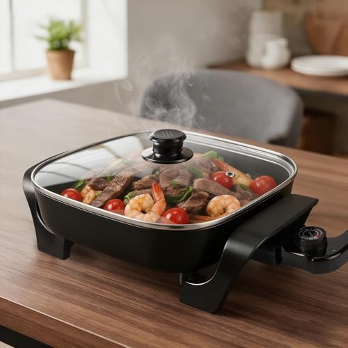 I-Keukenn 8' Electric Skillet with PFAS-Free Non-Stick Ceramic Coating, Removable Electric Frying Pan with Adjustable Temperature, Reversible Design, Tempered Glass Lid, Black