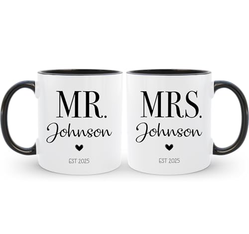 HomeBee Personalized Mr & Mrs Coffee Mug Set | Customized Couple Gift Set for Engagement, Wedding, Anniversary, Valentine's Day | Custom Name Ceramic Tea Cup | 11 oz (White - Black)