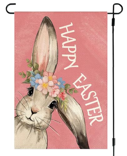 RABUSOFA-Happy-Easter-Bunny-Garden-Flag-12x18-Inch-Double-Sided-Outside-Rabbit-Flower-Yard-Outdoor-Decoration-Pink