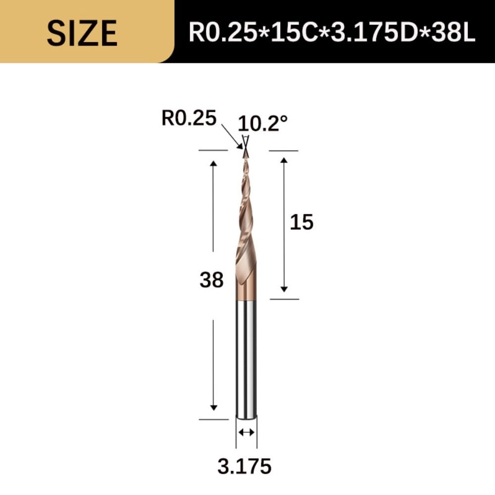 Frez stożkowy spiralny, frezy z końcówką kulistą 3,175/4/6 mm, frez z 2 rowkami z węglika wolframu do obróbki metalu i drewna, 1 szt.(R0.25x15Cx3.175Dx38L)