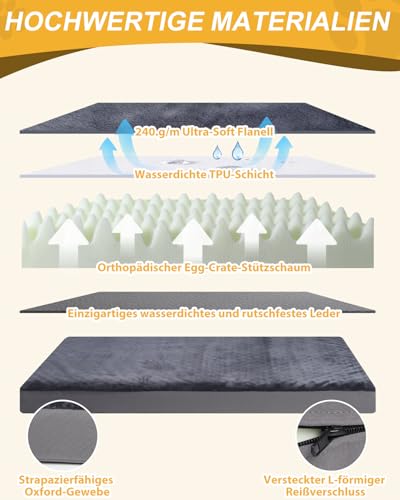Favodormir Orthopädisches Hundebett Hundekissen Grosse Hunde XXL,Wasserdichter Kunstlederboden,Innen&Outdoor Hundematte Hundekorb Hundematratze für Große Hunde,119x73x9cm Dunkelgrau