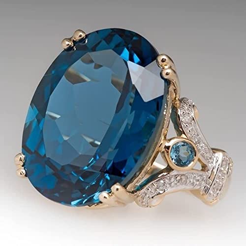 Cuteshop Fashion Jewelry 18k Gold Plated Peacock Blue Topaz Oval Diamond CZ Crystal Gemstone Ring Aquamarine Gemstone Wedding Bridal Band Ring for Women (8)2