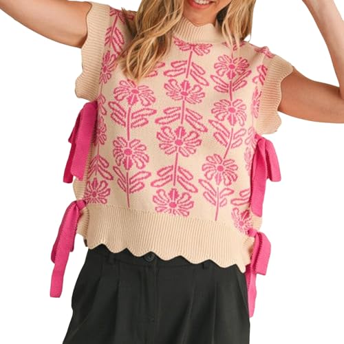 Image of Women Side Tie Sweater Vest Scallop Trim Mock Neck Knit Vest Bow Lace Up Ribbon Sweater Tank Top Knitwear