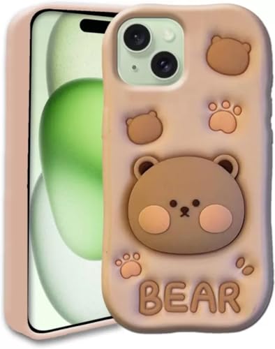 SUKOVIA 3D Cartoon 'Bear' Back Cover Case for iPhone 14 with Pop-Up Holder for Girls & Women