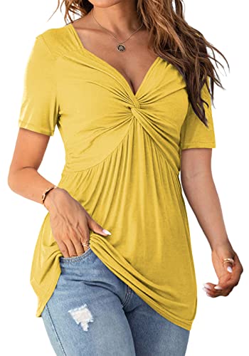 Image of Tankaneo Womens Front Knotted V-Neck Blouse T Shirt Short Sleeve Oversized Tunic Tops Summer Solid Pullover Tees