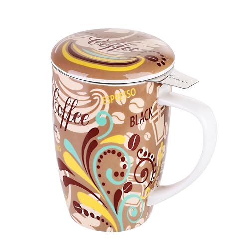 LOVECASA 480 ML Tea Cup with Infuser in Porcelain Large Mug Tea Pot with Stainless Steel Filter Mug with Lid