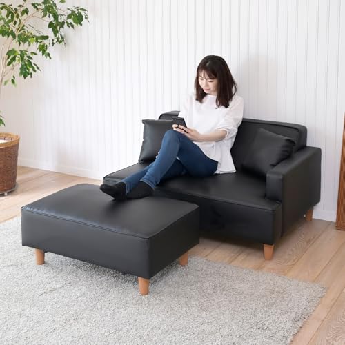 山善(YAMAZEN) ソファ カウチソファ 2人掛け 合皮 レイアウト自由 オットマン クッション付 肘付き 幅110×奥行80×高さ63cm ローソファー 組立カンタン PVCブラック FHS-160(PBK)