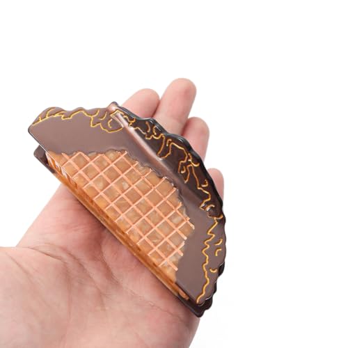 Decorative Chocolate Biscuits Hair Claw Clip, Large 3.7 inch, Brown and Peach Acetate, Metal Spring
