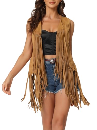 Allegra K Women's Sleeveless Fringe Vest Open Front Western 70s Outfits Faux Suede Tassel Cardigan
