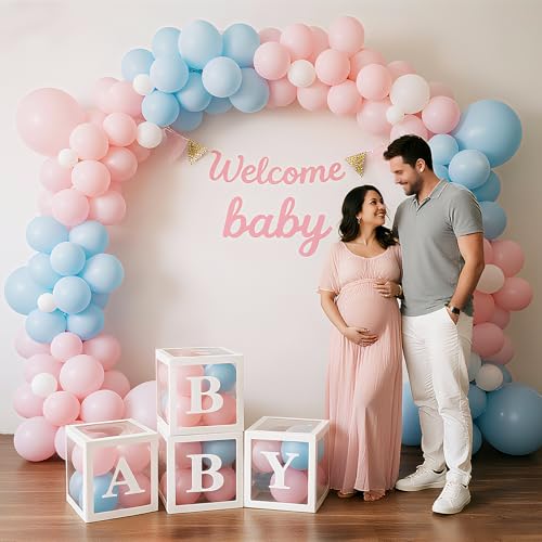 Image of Ledido Baby Boxes with Letters for Baby Shower Decorations with 38 Balloons, 4 pcs Clear Balloon Boxes Blocks for Boys Girls Gender Reveal Decorations Birthday Backdrop Party (White)