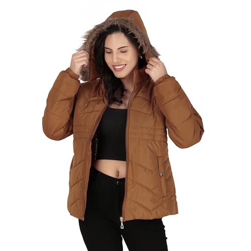 Image of Women's Cozy Puffer Stylish Jacket with Buttoned Pockets and Detachable Fur Hood