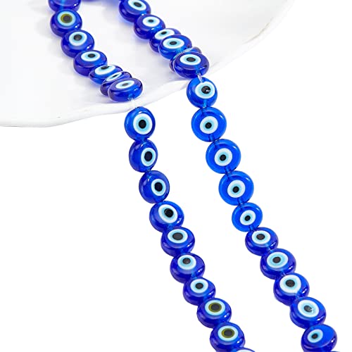 NBEADS About 48 Pcs Glass Evil Eye Beads, Blue 7.5mm Flat Round Lampwork Evil Eye Charms Turkish Evil Eye Spacer Beads Eye Beads for Bracelets Jewelry Making