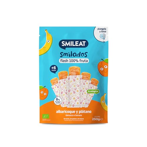 Smileat - Smilados de Frutas Ecológicas - Flash de Albaricoque y Plátano - Sin Azúcar Añadido, Sin Gluten - Flash para Congelar - Para Peques 6+ Meses - 5x50g (250gr)