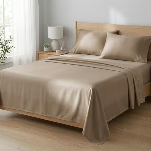 Image of Beckham Hotel Collection 100% Cotton Cal King Sheet Set, 4-Piece, Sand | 500 Thread Count, Silky Soft Weave, Breathable, Anti-Pilling, 16-Inch Pocket, All-Around Elastic, Gets Softer with Every Wash