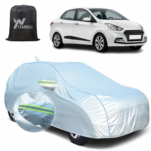 Image of Car Body Cover for Hyundai Xcent, 100% Waterproof, Heat-Resistant with Mirror & Antenna Pockets, Soft Cotton Lining, Triple Stitched, Piping & Reflector (Reflective Silver)