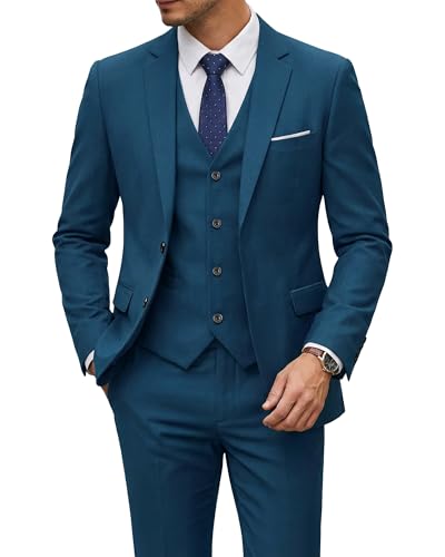 Image of YND Men's 3 Piece Suit with Tie, Solid Color Slim Fit Jacket Vest and Pants