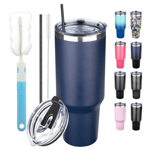 GUDEMAO 40 oz Tumbler with Lids and Straws, Stainless Steel Insulated Coffee Tumbler, Double Wall Vacuum Insulated Travel Mug Cup, Leakproof Thermal Coffee Cup for Hot and Cold Drinks (Navy Blue)