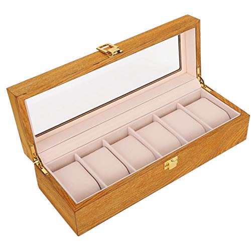 Preisvergleich Produktbild Hölzerne 6-Gitter-Uhren-Vitrine, hölzerne Uhrenvitrine, Uhrenbox, transparente Fensteruhr-Aufbewahrungsbox, mit Metallscharnier, Hardware-Zubehör, Spezialflanell, für Aufbewahrungsschutzuhren