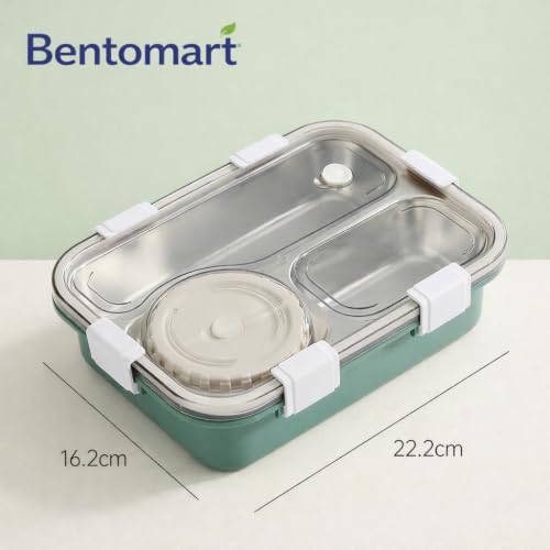 Image of 3 Compartment SUS304 Stainless Steel Lunch Box with Sauce Cup & Cutlery, Leak-Proof Partition Bento Box for School, Office & Travel