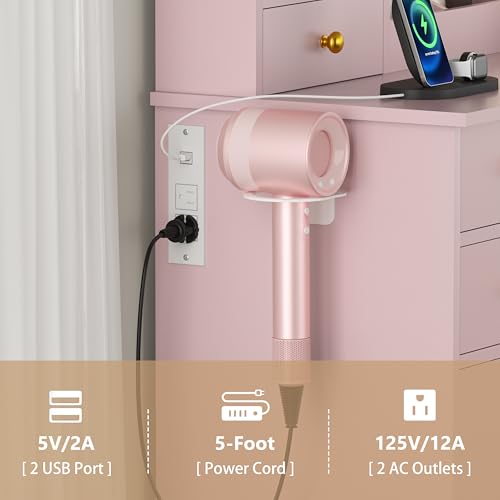 Image of HUANLEGO Pink Vanity Desk with Mirror and Lights for Girls Women | Makeup Vanity Mirror with Lights, LED RGB Lights Strip, Power Outlet, 7 Drawers, 2 Storage Cabinets, 3 Color Modes Adjustable