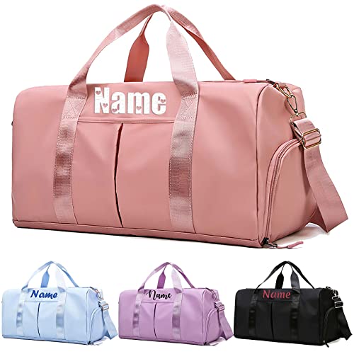 Embroidered Travel Duffel Bag Personalized Name Sports Gym Bags with Shoe Compartment Custom Carry On Overnight Weekender Bag for Women, Pink