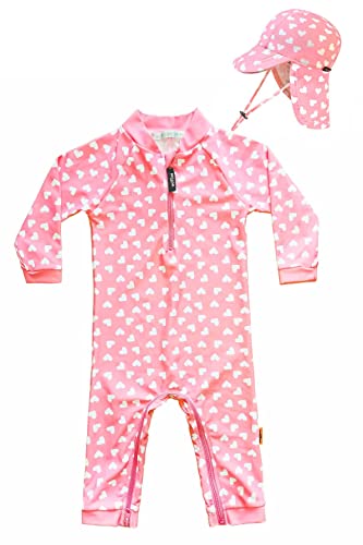 weVSwe Baby Girls Newborn Pink Heart Swimsuit Toddler Rash Guard Sun Protection Infant Swimwear with Sun Hat 6-12 Months
