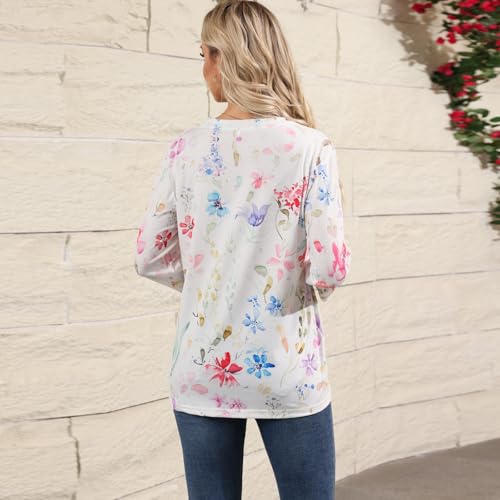 HTHLVMD Womens 3/4 Length Sleeve Tops 2025 Fall Fashion Floral Print Crewneck Causal Trendy Tunic Tops for Women