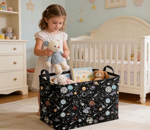 Image of Sanjiaofeng Rectangular Moon and Stars Basket Waterproof Foldable Kids Laundry Basket Baby Baskets for Boys and Girls Cute Toy Storage Organizer Bin Star Room Decor(Starry Sky)