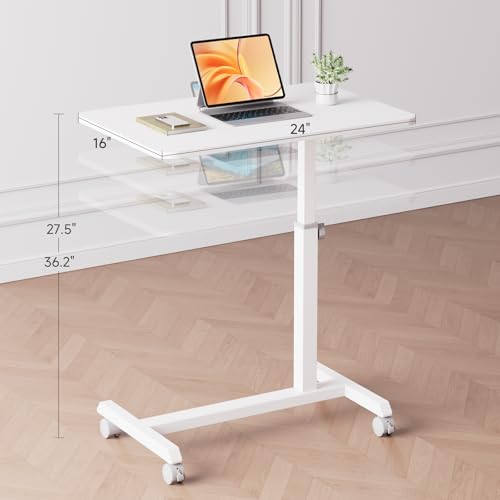 Image of GTPLAYER Small Standing Desk, 24 Inches Mobile Rolling Laptop PC Table with Lockable Casters, Adjustable Height Overbed Bedside Table Computer Workstation for Home Office, White-Fixed