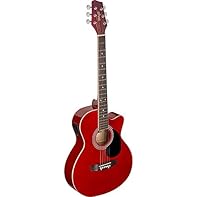 electro-acoustic guitar with cutaway active preamp with on-board volume, bass, middle and treble controls, phase switch and low battery indicator top, back and sides: basswood fingerboard and bridge: black stained maple finish: high gloss red with wh...