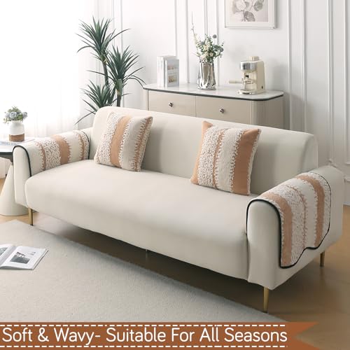 Image of HOKIPO Luxury Wavy Plush Anti-Slip Sofa Armrest Covers | 1 Pair - Desert Brown (AR-5979-BR*2)