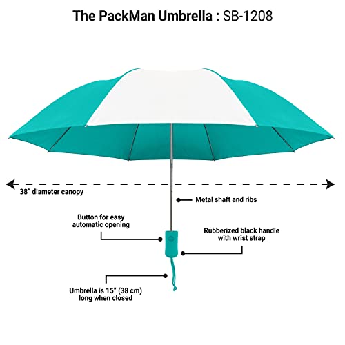Strombergbrand Umbrellas Packman 42" Arc Auto Open Folding Umbrella, Windproof & Waterproof Light Weight Travel Umbrella For Men And Women,Matching Handle With Wrist Strap And Fabric Case,Teal Pack #TOP2