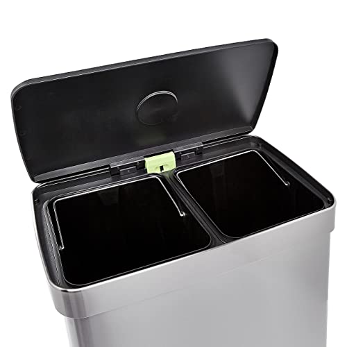 Amazon Basics Dual Compartment Recycling Trash Can with Soft-Close Lid, Fingerprint Resistant, Removable Liner Buckets, 60 Liters, Rectangular, Grey, Silver - image 7