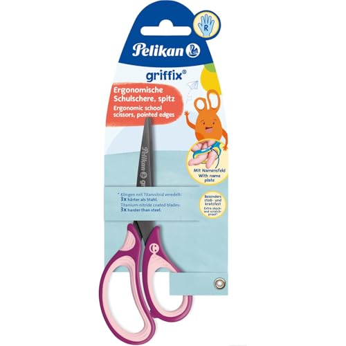 PELIKAN Griffix Spitzschere Schere für Rechtshänder Länge 15 cm Schulschere Titanbeschichtung Ergonomischer und Weicher Griff Ideal zum Büro und Schule Rosa Violett Blisterverpackung