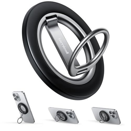 Lamicall Support Anneau Magnétique pour MagSafe - 2025 [Double Charnière Améliorée] 360° Rotation, avec Anneau Métallique, Poignées en Alliage de Zinc pour iPhone 17/16/15/14/13/12/11 Pro Max, Android