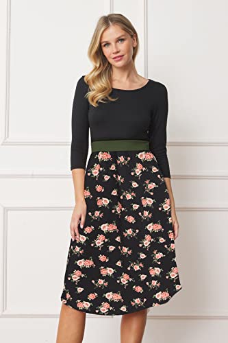 Image of Eloges Women's 3 /4 Sleeve Contrast Waist Band Floral Curved Hem Midi Dress