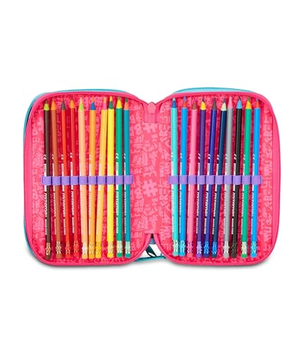 Mitama Federmäppchen für die Schule mit 3 Fächern, Super Triple Rainbow Love, Inhalt 47 Stück, komplett mit Bleistiften, Filzstiften, Stifteköcher für die Grundschule für Mädchen, himmelblau, Modern