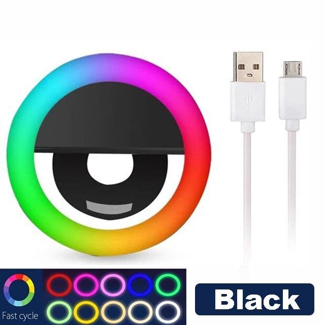 Image of ZETY RGB Selfie Ring Light for iPhone Clip on Ring Light for Computer Laptop Circle Selfie Light Ring LED Zoom Light for Phone Photography Camera Video Girl Make up Lights Rechargeable - (Black)