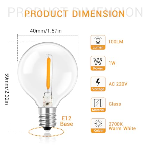 SCNNC 1W E12 G40 LED Bulbs Outdoor 220V, IP54 Waterproof Warm White 2700K LED Filament Globe G40 Replacement Bulbs for Outdoor Garden String Lights Party Festoon Light, Pack of 6