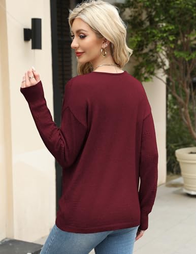 Image of Zeagoo Womens Sweaters Fall Trendy Casual Long Sleeve Shirt Lightweight V Neck Off Shoulder Crochet Pullover Top Outfit