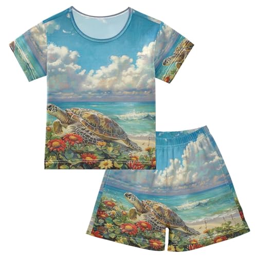ALAZA Turtle Flowers Beach Pajama Set Short Sleeve Sleepwear Soft Lounge Nightwear