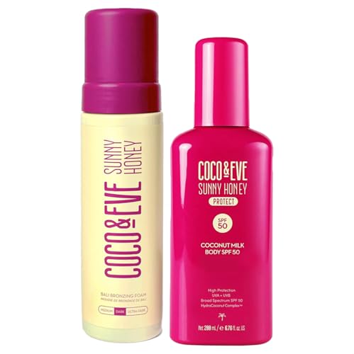 Coco & Eve Coconut Milk Body Sunscreen SPF 50 6.76 Fl Oz + Coco & Eve Sunny Honey Bali Bronzing Self Tanner Mousse 6.7 fl oz (Dark)