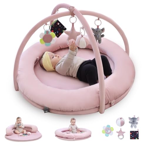 Image of Hiseeme 5 in 1 Baby Play Gym, Thick & Plush Baby Playmats, Tummy Time Mat with 5 Toys for Sensory & Motor Skill Development, Baby Activity Mat from Newborn to Toddler, Infant Gift Essentials (Pink)