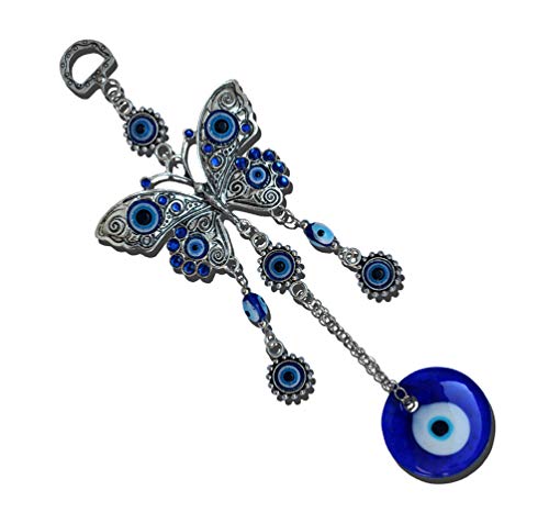 Decoración de pared turca con diseño de mano Jamsa contra el mal de ojo para colgar en la pared o en el coche, color azul, metal, butterfly-flower, 26cm*10cm