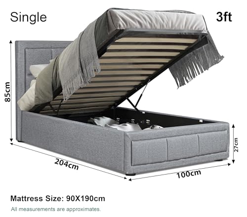 Upholstered Ottoman Bed, Single Bed Frame UKFR Linen Fabric Grey Ottoman Storage Bed With Gas Lift End Opening Wooden Slats With Storage Bed (3ft Grey Single Bed Frame 100 x 204, No Mattress) 2 Upholstered Ottoman Bed, Single Bed Frame UKFR Linen Fabric Grey Ottoman Storage Bed With Gas Lift End Opening Wooden Slats With Storage Bed (3ft Grey Single Bed Frame 100 x 204, No Mattress) - Image 2