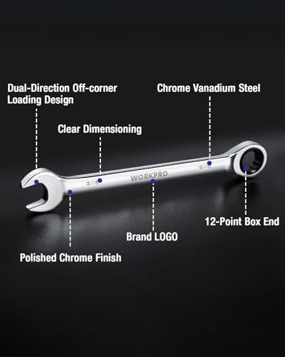 Image of WORKPRO 9 /16 inch Ratcheting Combination Wrench, Mirror Polish Chrome Plating | Premium CR-V Steel, 72-Teeth, 12 Point Design, SAE, For Home Projects, Motorcycle Repair, Garage Work, Plumbing, Machinery