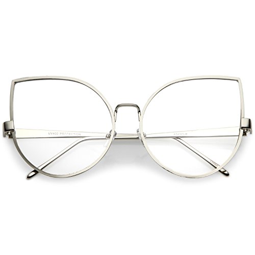 zeroUV - Oversize Slim Metal Arms Round Clear Flat Lens Cat Eye Glasses 62mm (Silver/Clear)